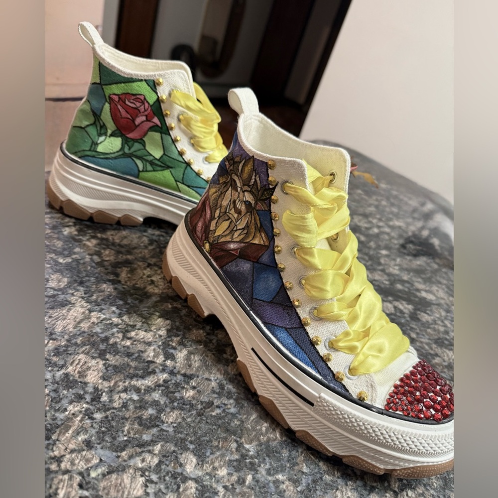 Women's High-Top Platform  hand painted Disney Beauty and the Beast Sneakers